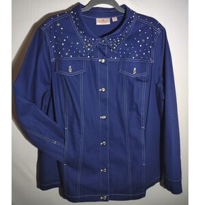 Quacker Factory Womens 1X Blue Star Embellished Denim Jacket Button Pockets